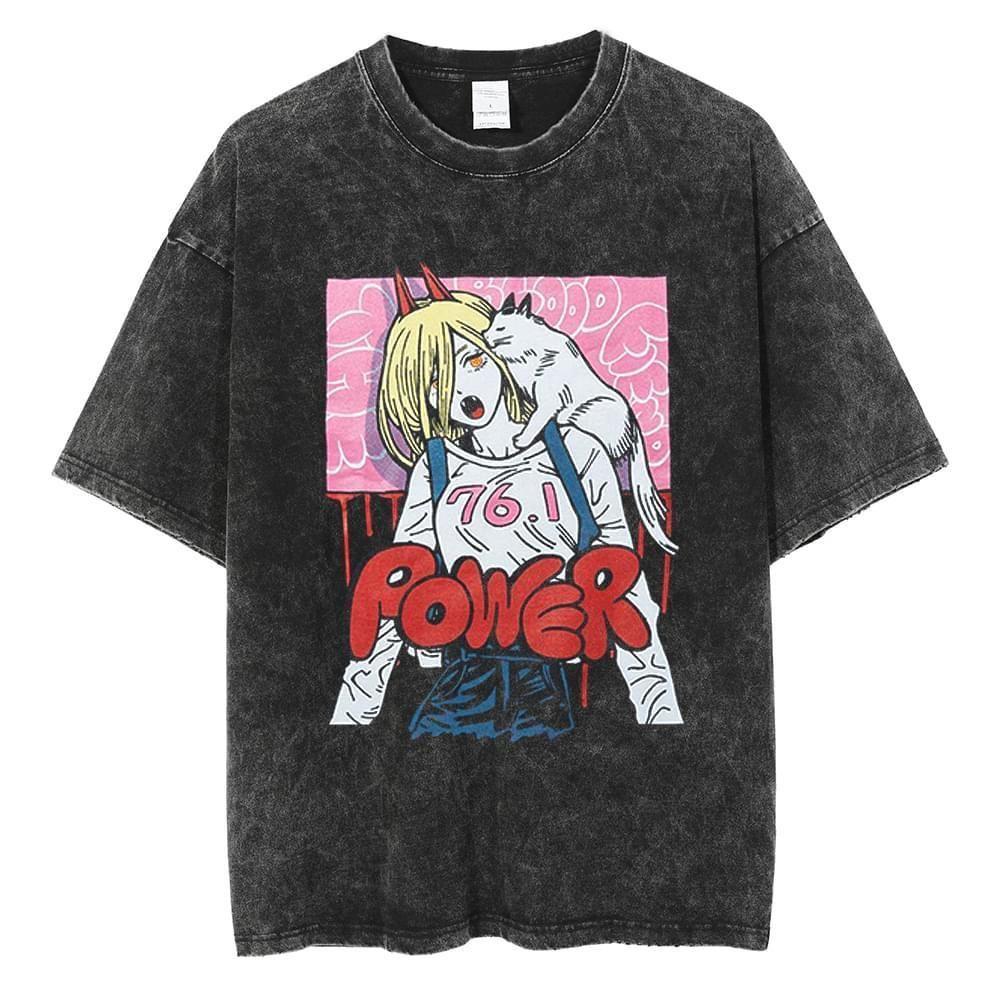 

Chainsaw Man Power Anime Printed Tshirt Mens and Womens Washed Tshirt High Quality Vintage Cotton Tshirt YK Tops L