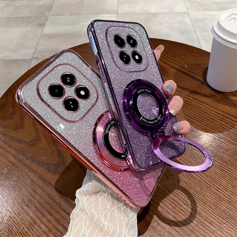 Shockproof Glitter Plating Magnetic Bracket Holder Case For Xiaomi Redmi 15C 15 14C 13C 13X Note 15 14 Pro Plus Silicone Cover