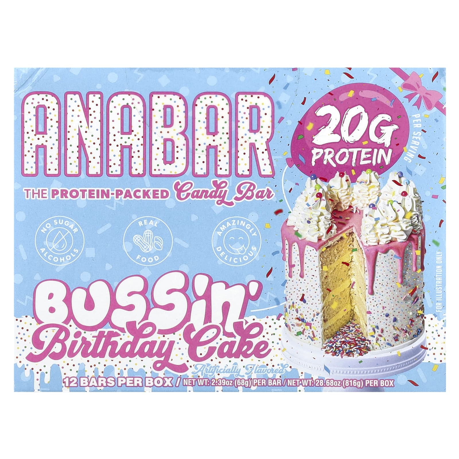 

Protein-Packed Candy Bar, Bussin Birthday Cake, 12 Bars, 68G (2.39Oz) Each