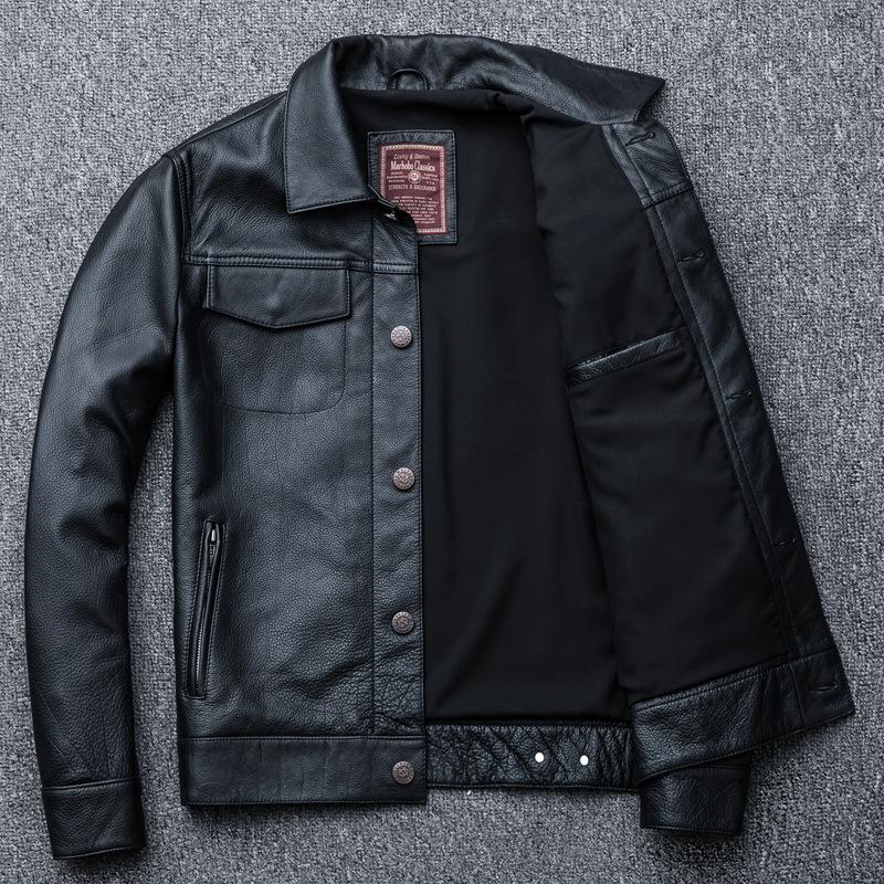 Top de Mezclilla de Cuero Genuino Chaqueta Corta de Cuero Genuino para Hombre Cuero de Vaca de Primera Capa Chaqueta de Cuero Juvenil con Solapa de Motocicleta