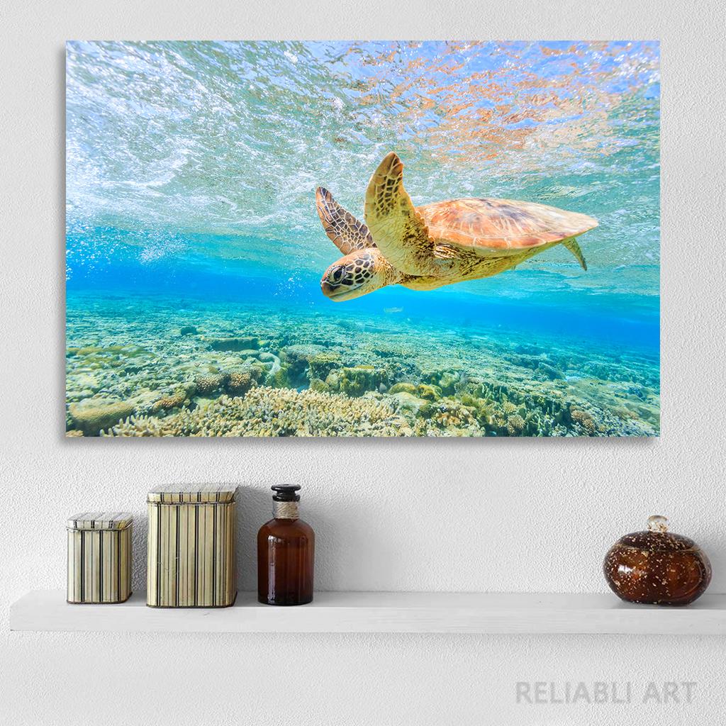 Green Sea Turtle Swims Underwater Wall Pictures Canvas Painting Ocean Marine Life Animal Posters Prints for Living Room Decor
