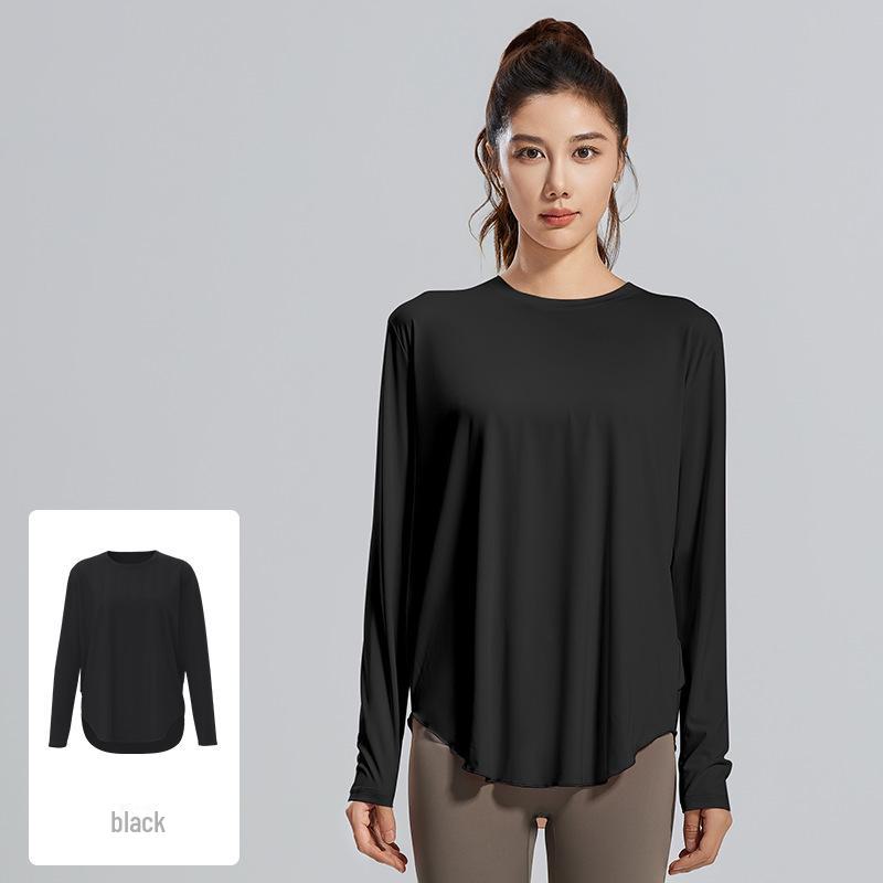 Juyitang Ice Silk Loose Fit Long-Sleeve Yoga Top with Round Neck