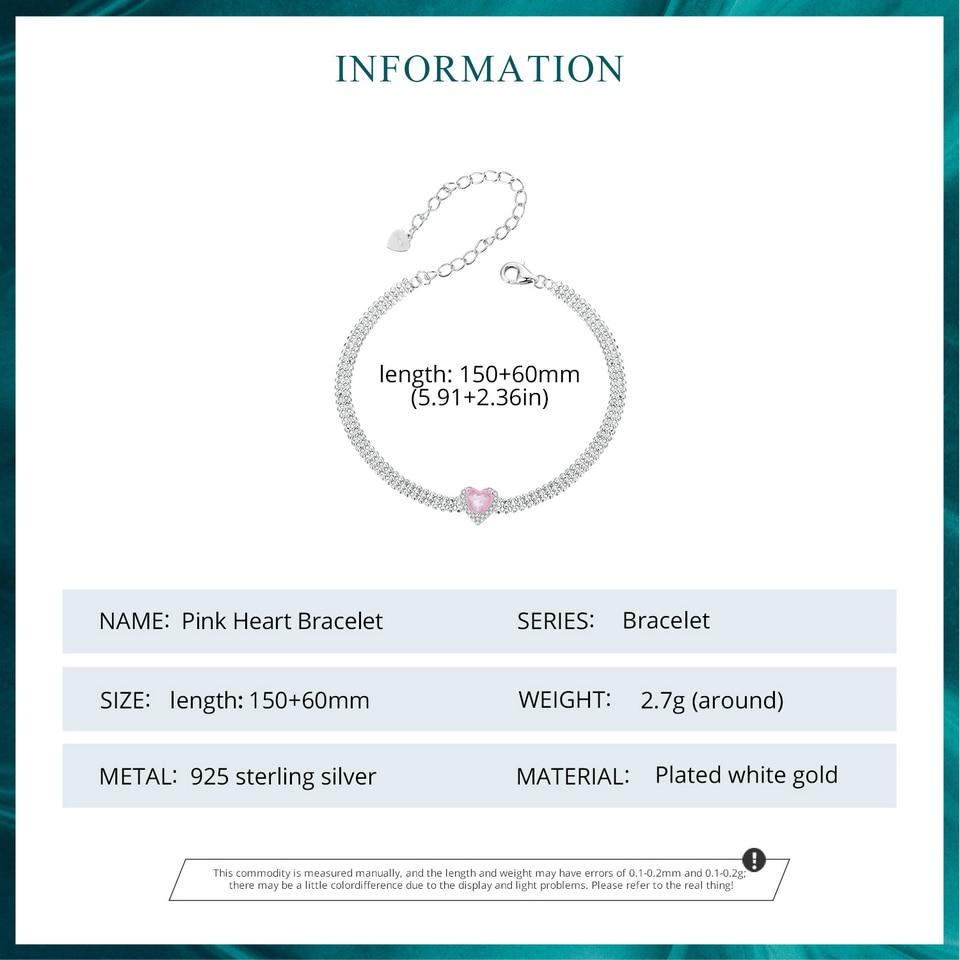 BAMOER Love Heart Bracelets for Women Girls 925 Sterling Silver with CZ, White Gold Plated Charm Link Chain Bracelet Jewelry