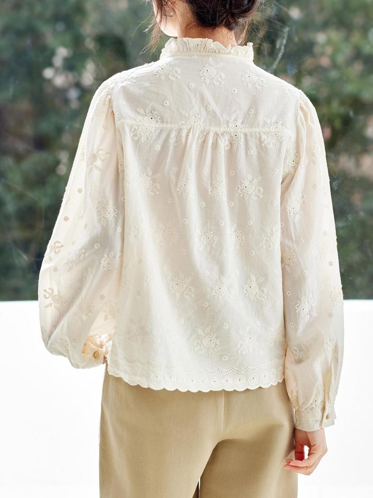 Women's Elegant Apricot Embroidered Cotton Long Sleeve Shirt with Wood Ear Collar - 2026 Spring Collection