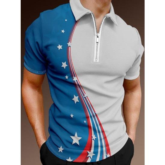 Men'S Polo Shirt Men'S Casual Short Sleeve Lapel T-Shirt 3D Printed Short Sleeve Zipper Polo