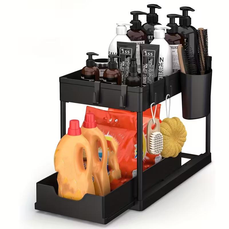 2 Layers Under Sink Organizer Sliding Cabinet Basket Organizer Storage Rack with Hooks Hanging Cup Bathroom Kitchen Organizer