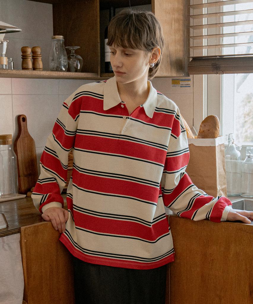 Banwonateullie A3509 Multi-Stripe Collar T-Shirt_Red