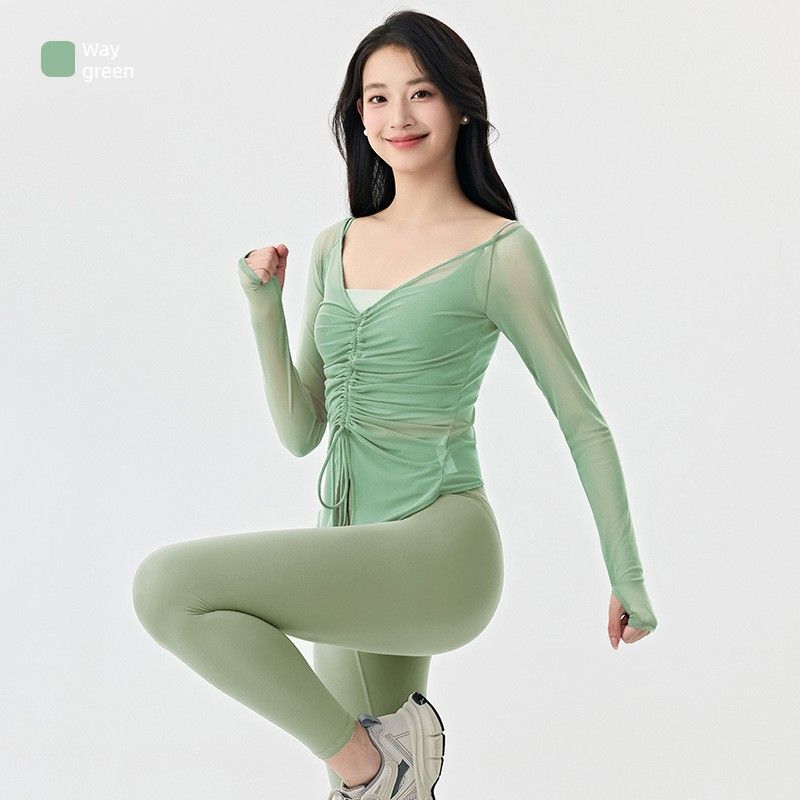 

Новая весенне-летняя одежда для йоги, облегающая талию, стройнящая, европейский и американский стиль, спортивная, быстросохнущая, накидка, с длинным рукавом, дышащий фитнес-топ Way green L [2]]