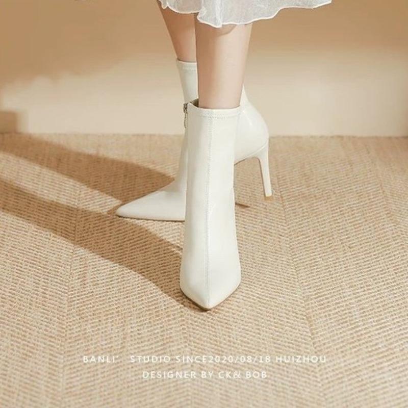 Pointed Toe High Heel Small Booties Women's 2025 New Fall/Winter French Stiletto Heel Mid-Tube Stretch Skinny Boots