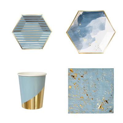 Water Blue Paper Cups Plates Napkins With Bronzing Disposable Paper Tableware For Party Cake Plates Cups Wedding Birthday Banquet Picnic Dessert Decor