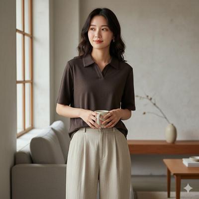 26-Year-Old Style V-Neck Knit Women's Solid Color Short-Sleeve T-Shirt