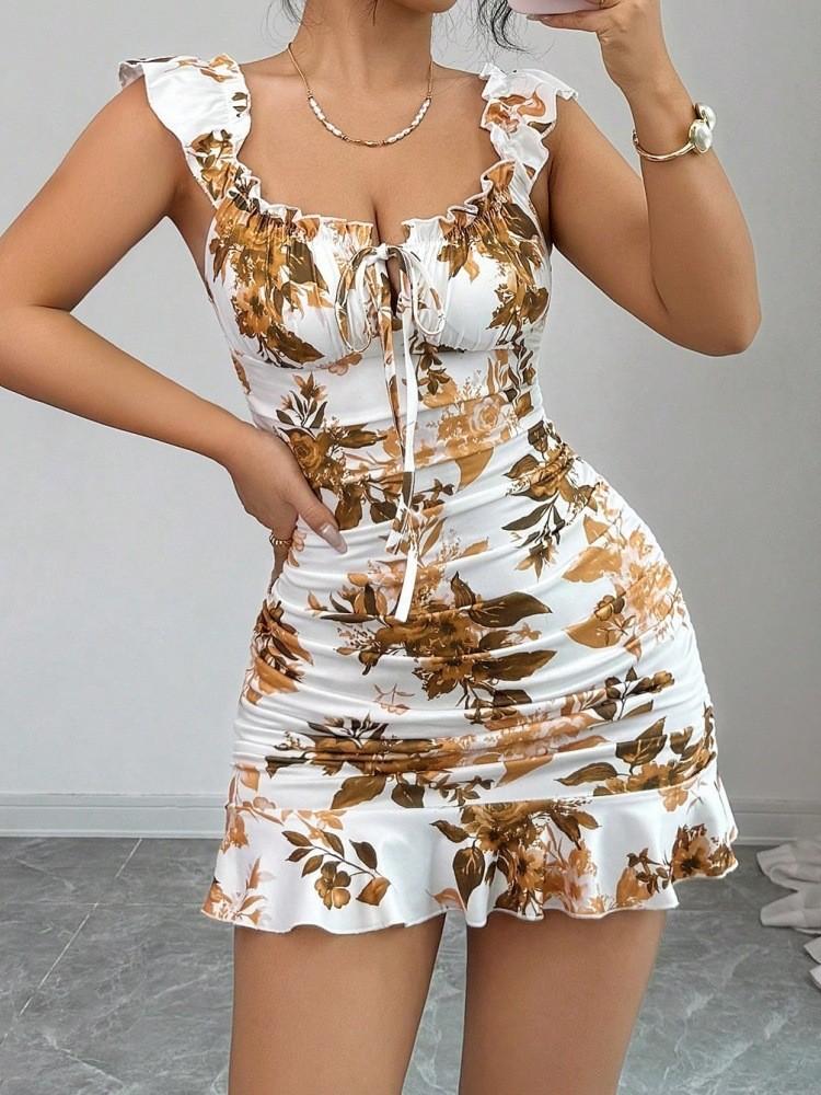 New sexy 2026 women s French summer flower printing and dyeing dress retro waist slim skirt S