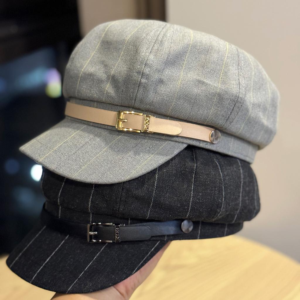 Leather Buckle Line Octagonal Hat Women's Autumn and Winter Retro British Style Belt Newsboy Hat Painter Hat