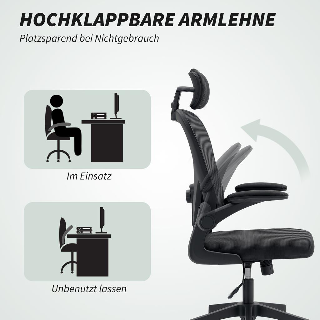 Office Chair, Ergonomic Desk Chair with Flip-Up Armrests, Adjustable Lumbar Support, Black