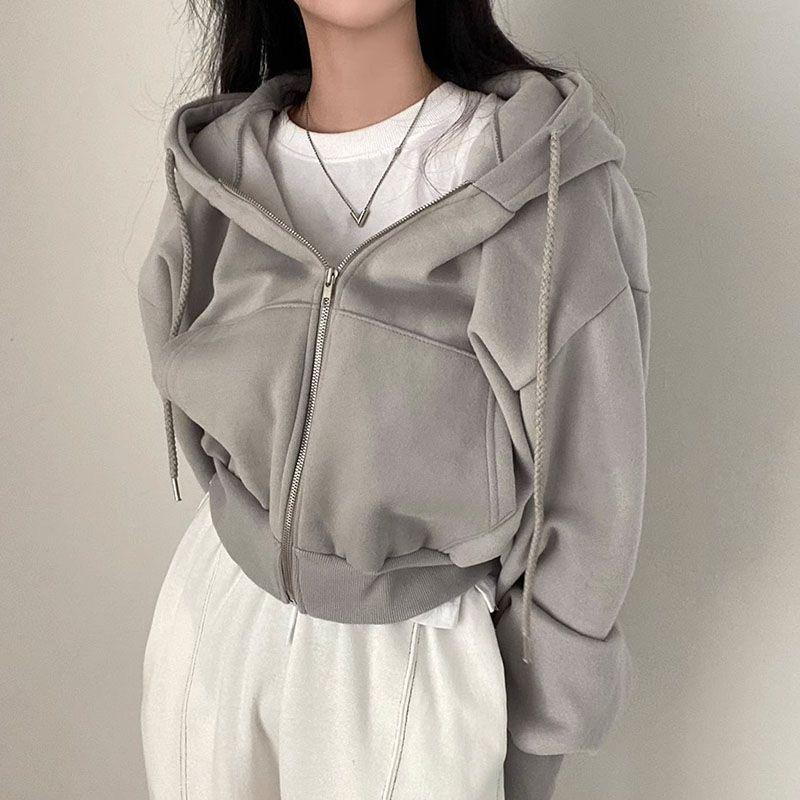 Felpa con cappuccio da donna, vestibilità aderente, corta, con zip, colore solido, calda, per autunno e inverno, giacca corta alla moda