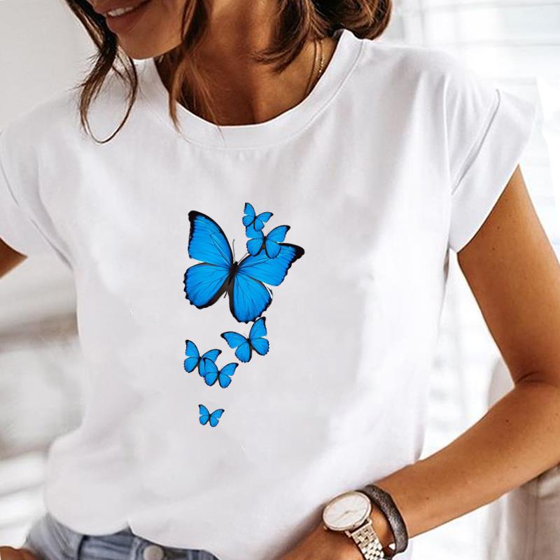 (European Size) Women Tee Top Cute Butterfly Clothing Fashion T-shirt Casual Short Sleeve Print Lady Female Graphic T-shirt