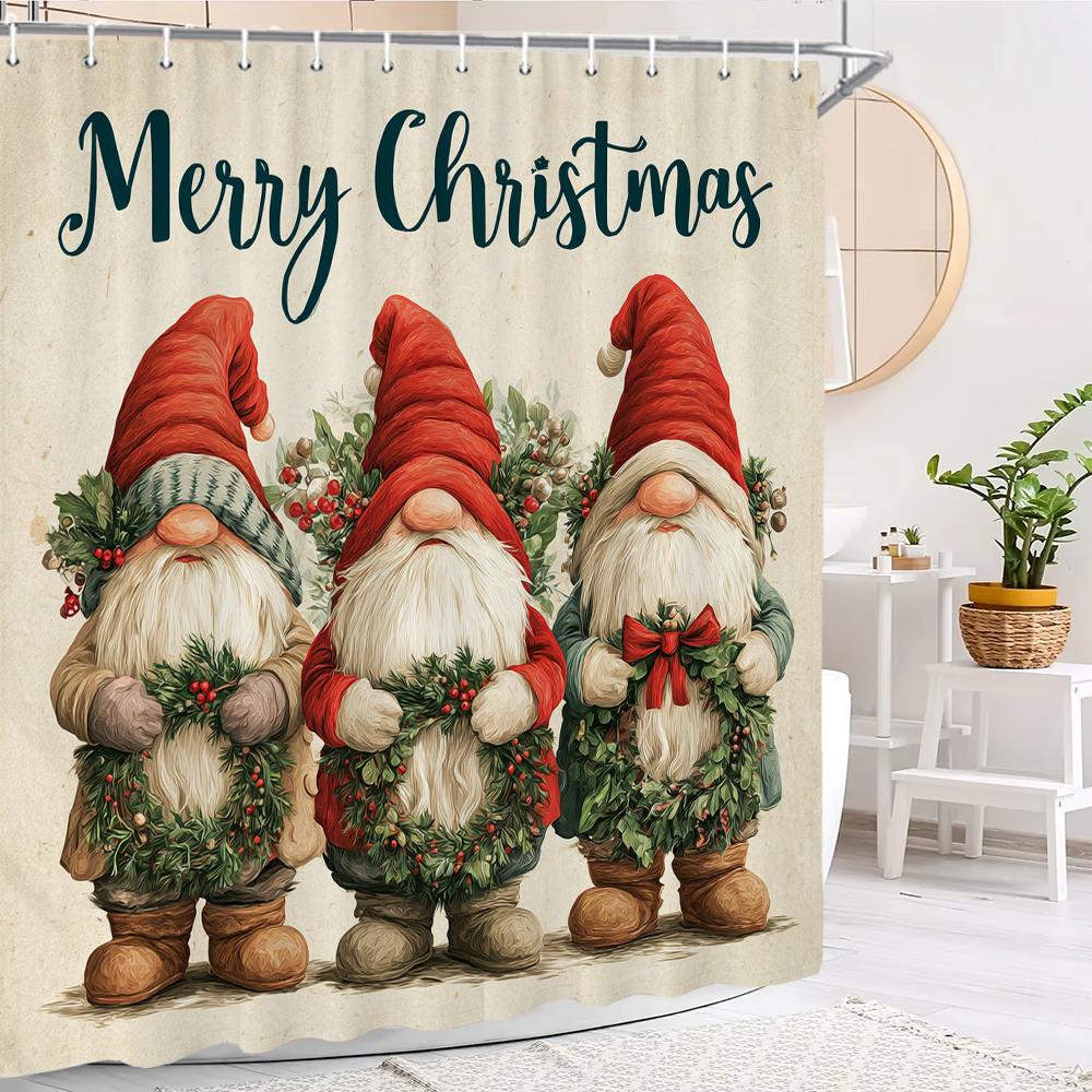 Christmas Shower Curtain Print Elf, Santa Claus Shower Partition Hanging Curtain with Hooks Multiple Sizes Machine Washable
