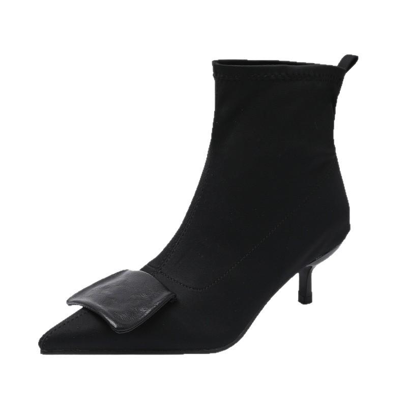 2025 New Autumn and Winter French Versatile Pointed Kitten with Gold Buckle Short Boots Elastic Thin Boots Korean Version Socks Boots Women