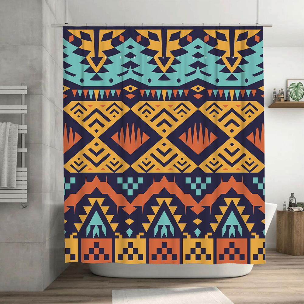 Modern Geometric Bathroom Decor Shower Curtain Set with Orange Blue Yellow Design Waterproof Fabric for Bathrooms Kitchen Backdr