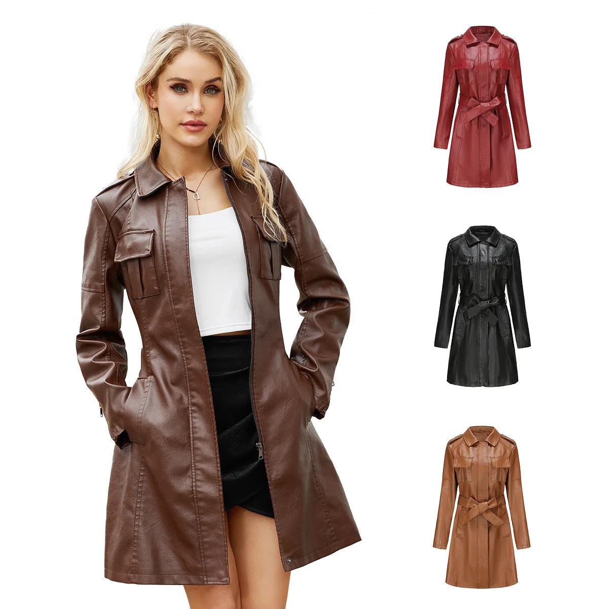 

Faux Leather Women Trench Coats Turn Down Collar Full Sleeve Mid Length Coat Lace Up Tight Waist Slim Fit Casual Regular Solid XXXL чорний