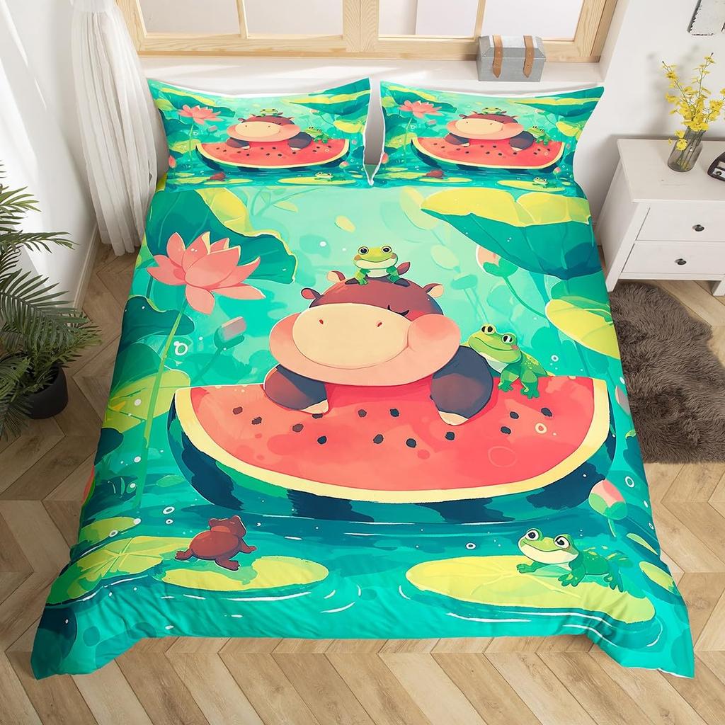 Frog And Lotus Leaf Duvet Cover Sets For Kids Boys Girls Lightweight Quilt Covers Green Animals Themed Bedding Set Bedroom Decor