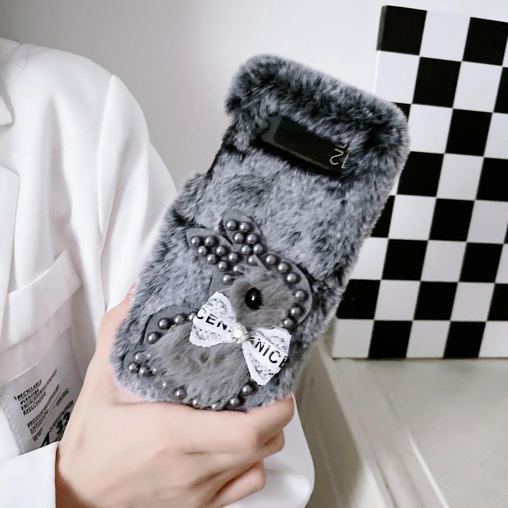 Applicable To Samsung Z Flip4 Plush Mobile Phone Case Zflip3 Bow Pearl Solid Color Protective Case Autumn and Winter Hair Case