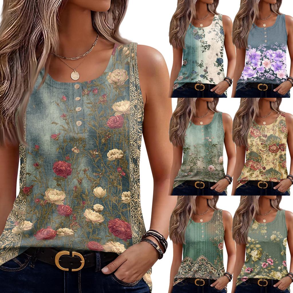 Women Sleeveless U Neck Button Front Floral Print Casual Tank Top Blouse Summer Lightweight Loose Fit Shirt