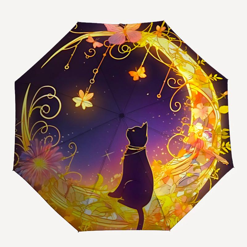 1pc Whimsical Moonlit Garden Automatic Folding Umbrella - Compact 8-Rib Design, Durable Plastic & Iron, Lightweight for Outdoor Daily Use134