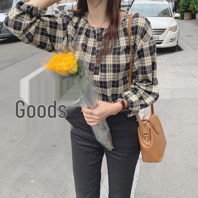 Dongdaemun Retro Minimalist Plaid Wide Sleeve Shirt for Women - Spring/Autumn 2025