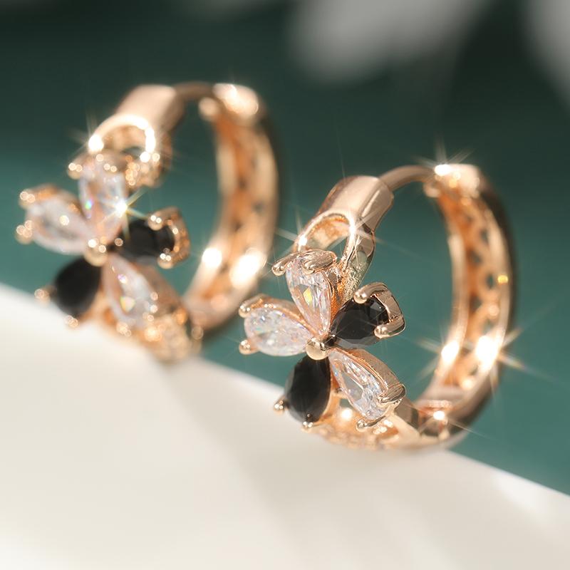 Luxury Black Synthetic Zirconia Golden Plated Hoop Earrings for Women Exquisite Wedding Flower Shape Jewelry Accessories