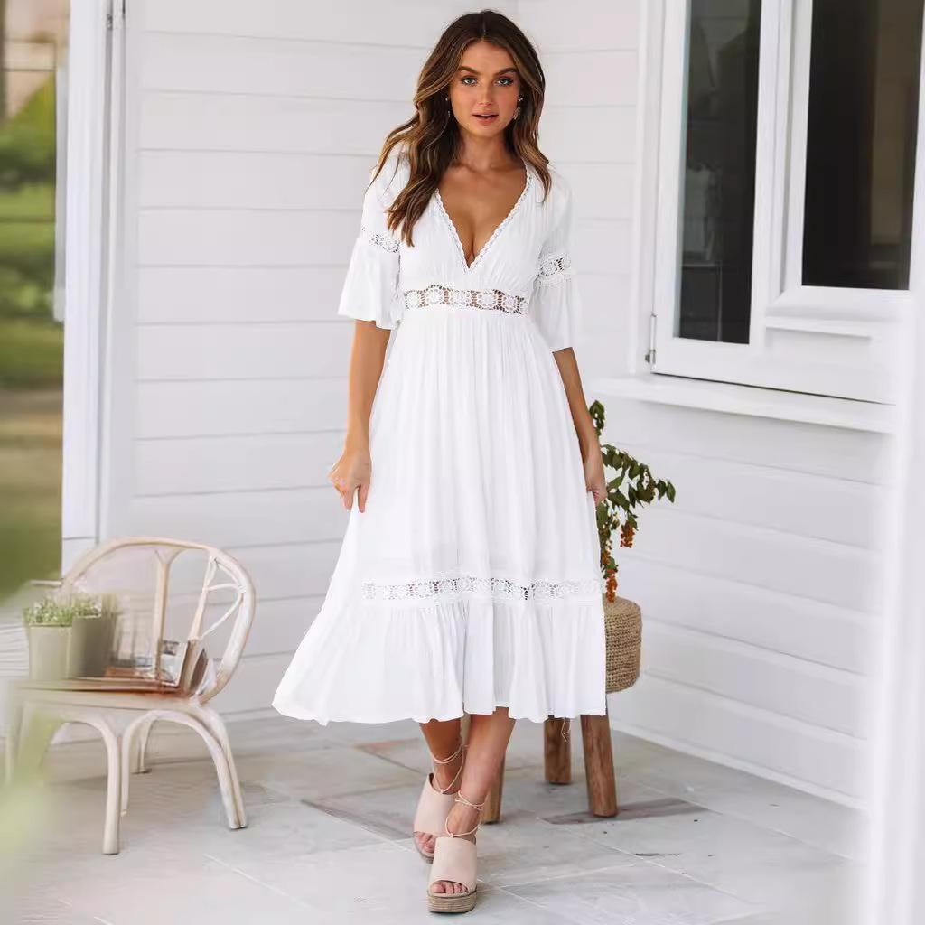 

Платье wish2018 европейской и американской моды с глубоким V-образным вырезом и кружевной отделкой для женщин XL белый