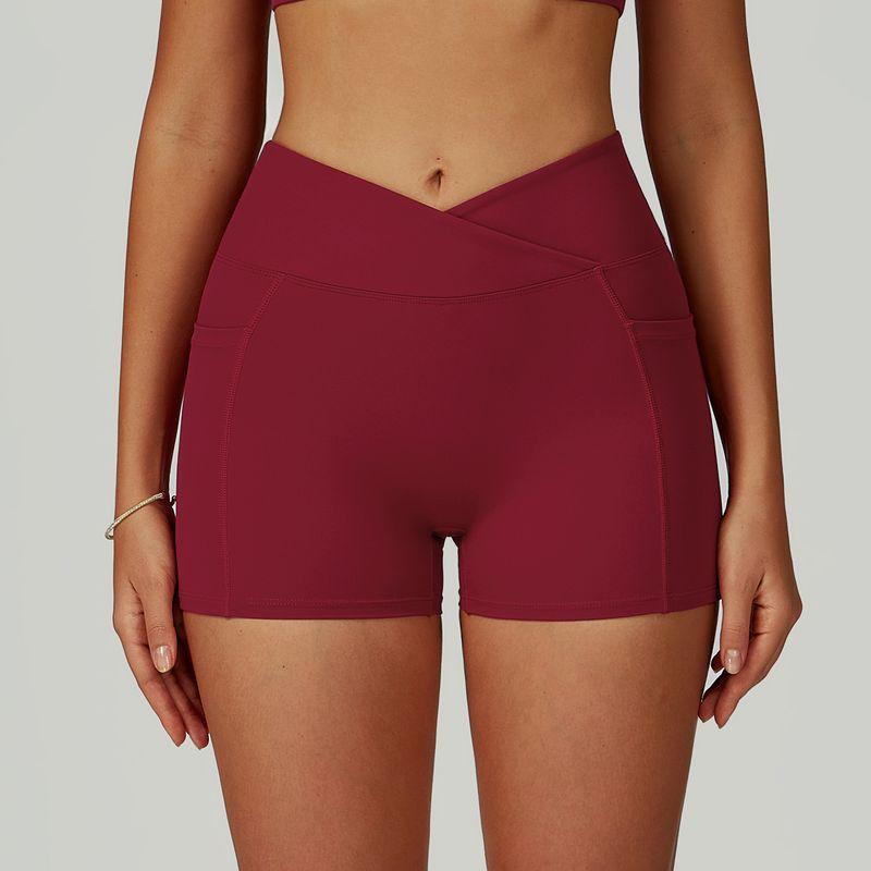 

European and American Sports Shorts Women High Waist Buttock Lifting V Waist Yoga Pants Running Summer Fitness Pants Tight Slimming Three Pants Cherry Red L