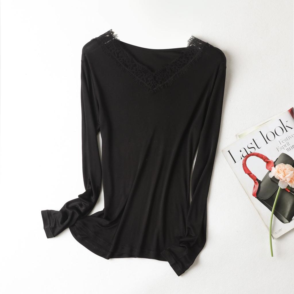 Yu Yue Women's V-Neck Silk Knit Long Sleeve Lace Trim Slim Fit Base Layer Top