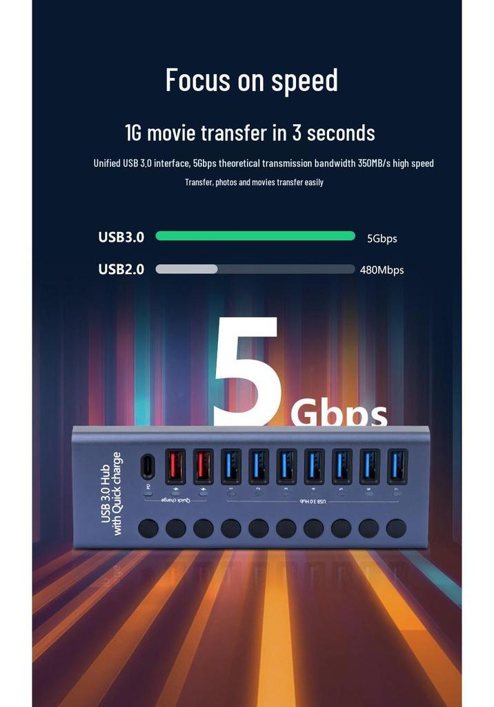10-Port USB 3.0 Hub with Independent Switches and High Current Expansion Dock