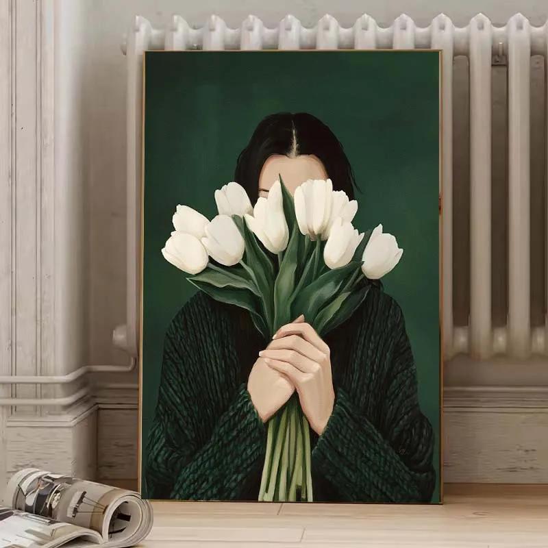 Abstraktes Frauen-Minimalismus-Poster Leinwand-Wandkunst Frau mit Blume Porträtmalerei Druck für Schlafzimmer Nordisches Mädchen Wohnkultur