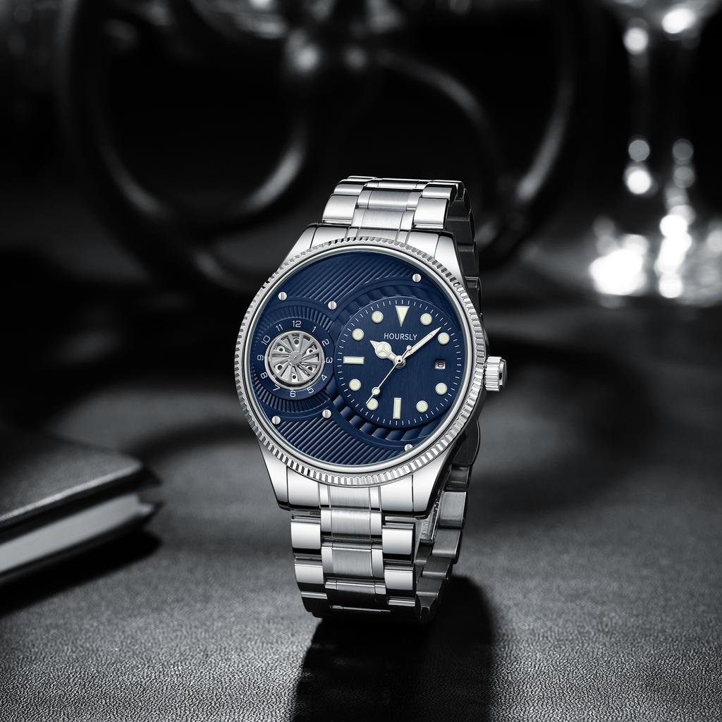 Relojes de moda para hombre esfera circular simple con plato giratorio giratorio luminiscente calendario correa de acero inoxidable adecuado para la vida diaria