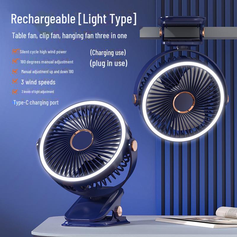 Rechargeable USB Clip Fan with Desk Lamp - Large Battery, Portable for Student Dormitories
