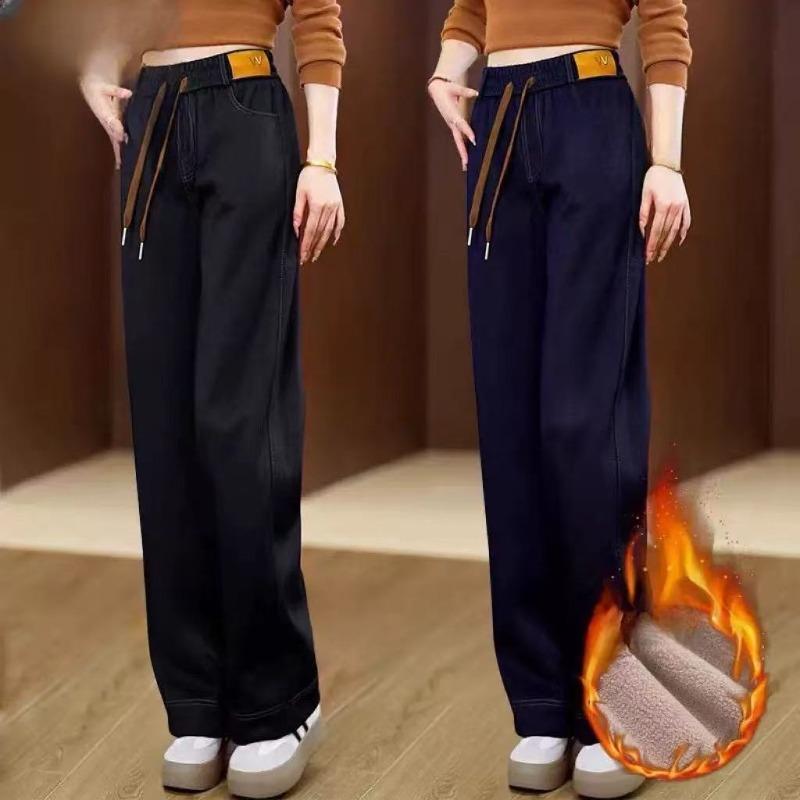 Winter fleece imitation denim fleece thickened women's denim straight-leg pants to increase the elasticity of casual women's pants