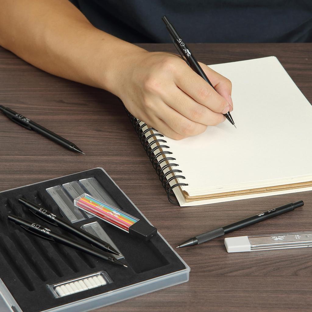 Pen Metal Mechanical Pencil Set with Lead and Eraser 5 and Perfect for Mr. Refills, Sizes, Black 0.3, 0.5, 0.7, 0.9, 2mm. Drawing.