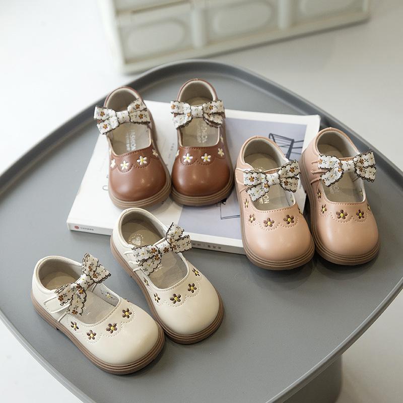 New Korean Style Girls' Pastoral Style Bow Comfortable Soft-soled Leather Shoes for Spring and Autumn