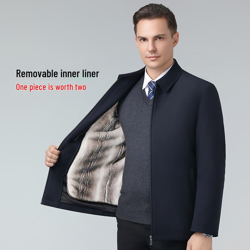 

Brand New Men s Winter Lapel Cotton Jacket with Detachable Mink Fur Liner - Warm, Padded Coat for Dad 175 темно-синього кольору