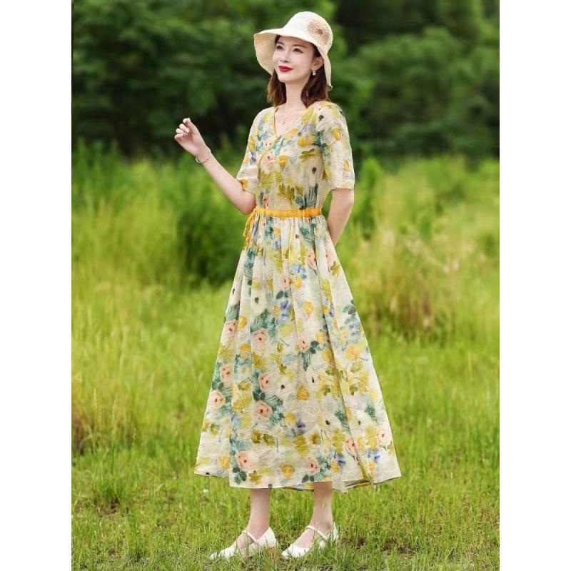 2026 Floral Summer Dress: Beach Style, Short Sleeve, Loose Fit, Cinched Waist, Plus Size.