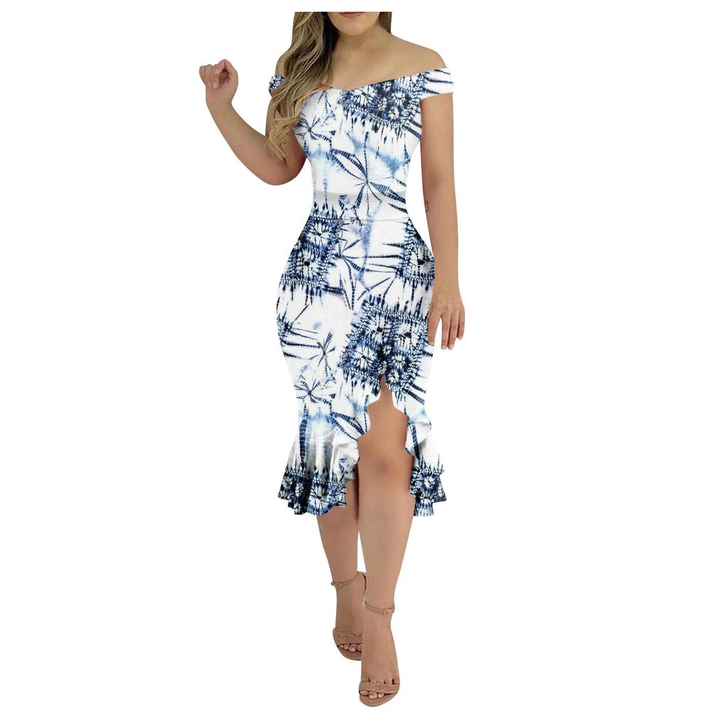 Women's Casual Party Dresses Flower Print Irregular Hem One Shoulder Sexy Backless Mermaid Dress
