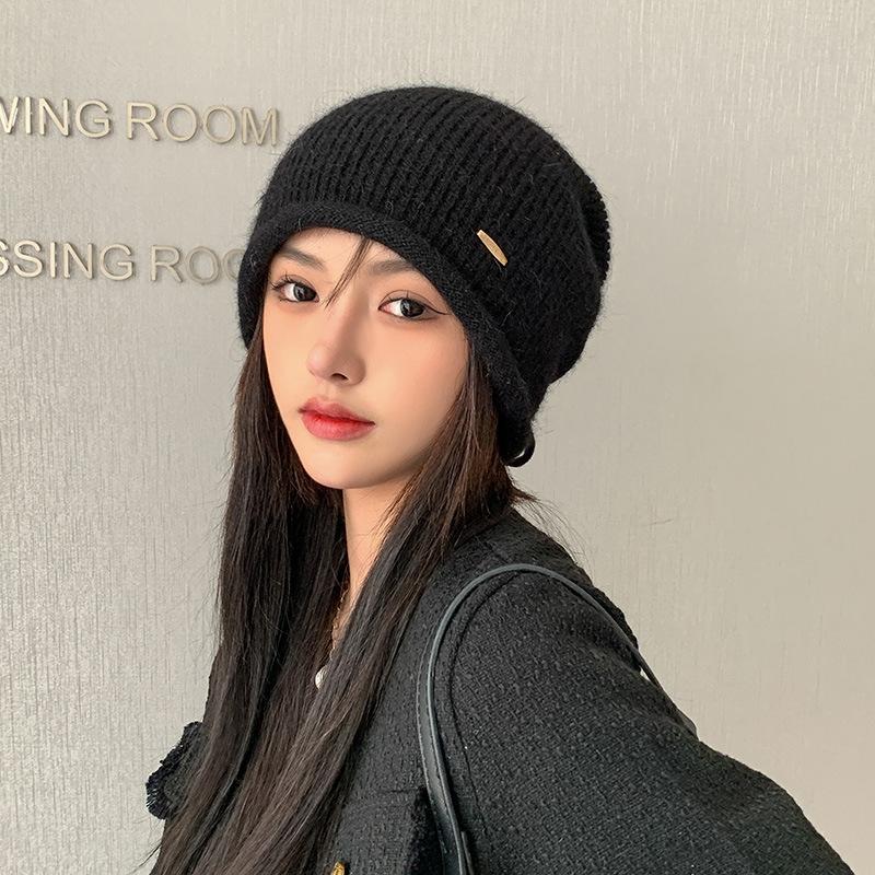 

White Plush Hat for Women Rabbit Wool Knitted Pile Hat Autumn and Winter Wool Baotou Confinement Cold Hat M（56-58cm）