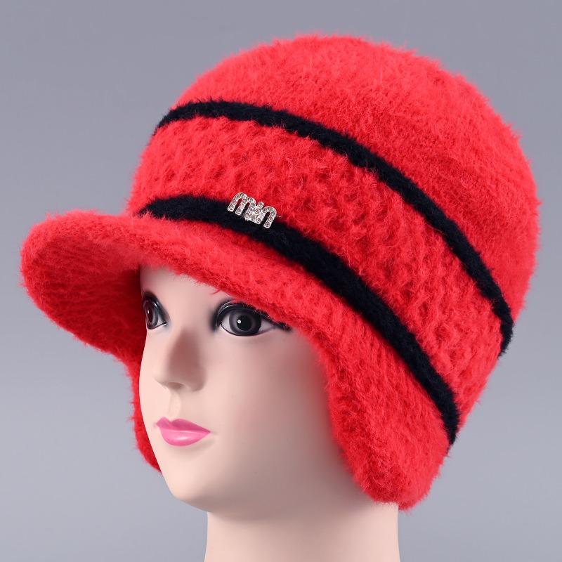 Hat Female Winter Rabbit Hair Warm Wool Hat Old Lady Cold Protection Ear Protection Knitted Hat