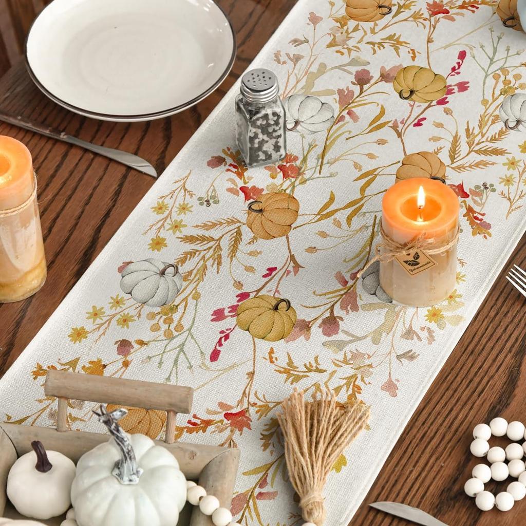 Artoid Mode Wildflowers Bloom Floral Pumpkin Leaves 210 GSM Fall Table Runner, Seasonal Autumn Kitchen Dining Table Decoration for Home Party Decor