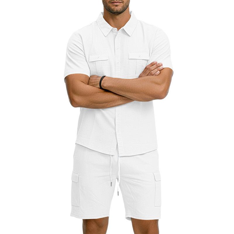 Casual Solid Color Linen Two Piece Sets Mens 2026 Spring Summer Fashion Short Sleeve Shirts and Shorts Outfits Men Linen Suits