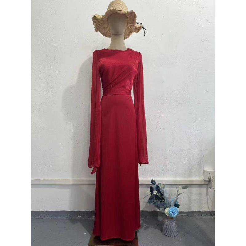 

Fashion Style Patchwork Glass Yarn Large Swing Sleeve Satin Silm Dress Spinning Slim Fit Dress Dark red L