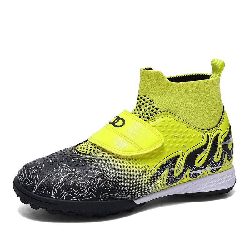 High Quality Turf Soccer Shoes Boys Girls High Top HOOK&LOOP Kids Futsal Sneakers Fashion Green TF Football Boots For Children