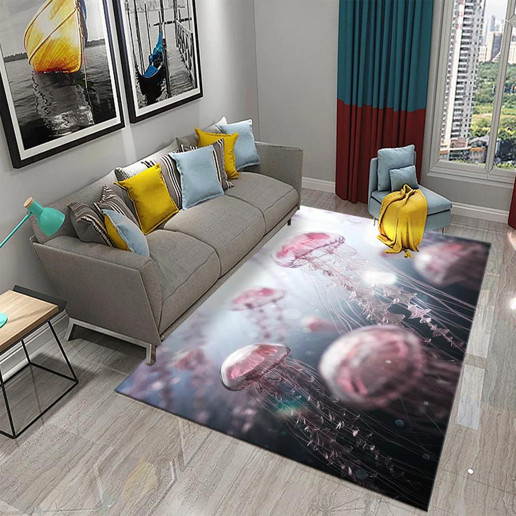 3D Jellyfish Pattern Carpet Marine Life Theme Rug for Bedroom Rug Living Room Bathroom Non-slip Mat Home Hotel Rug Kitchen Rugs